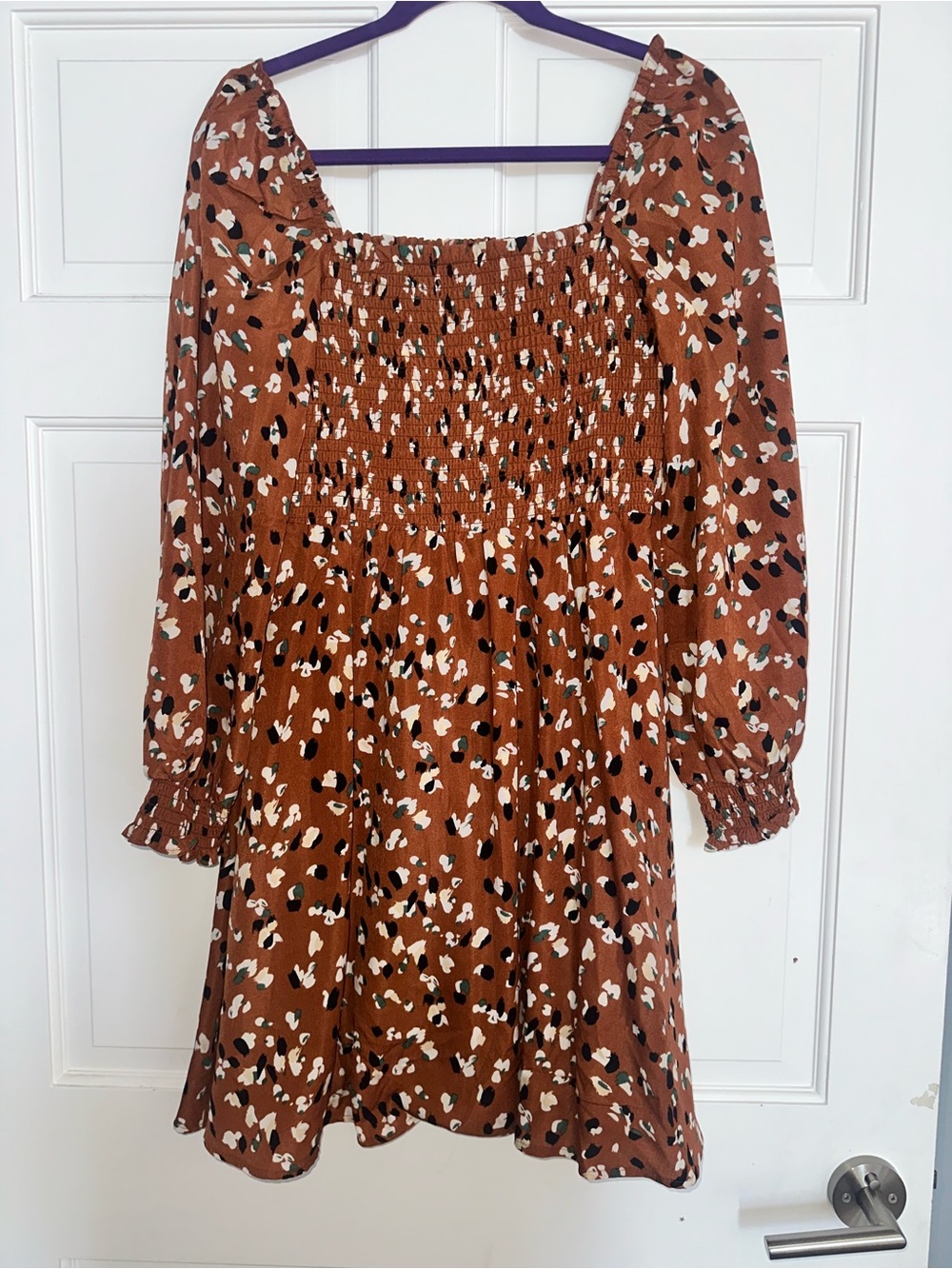Hailey & Co Smocked Floral Mini Dress Medium Brown Boho
